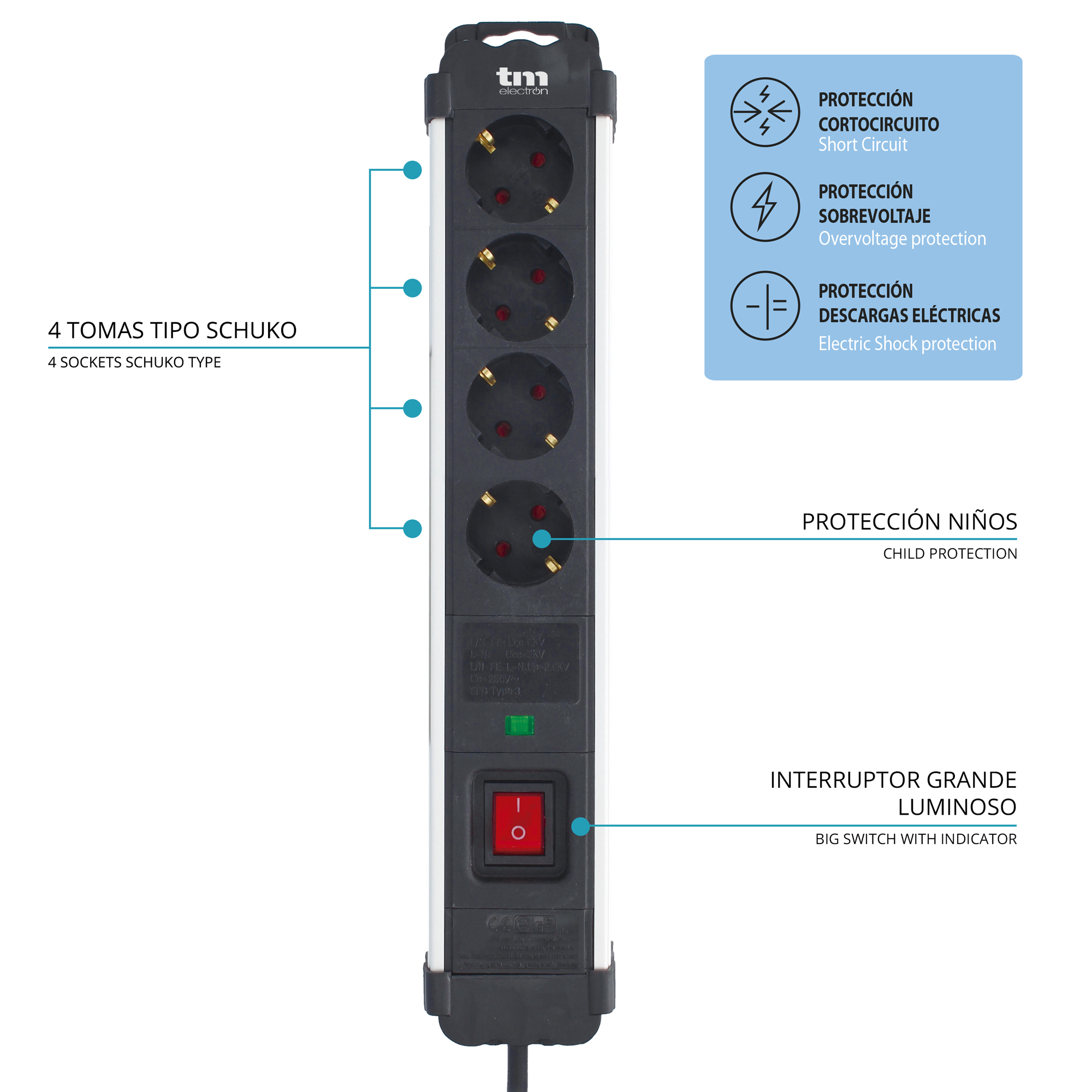 Una regleta negra con cuatro enchufes, un interruptor rojo e iconos de seguridad.