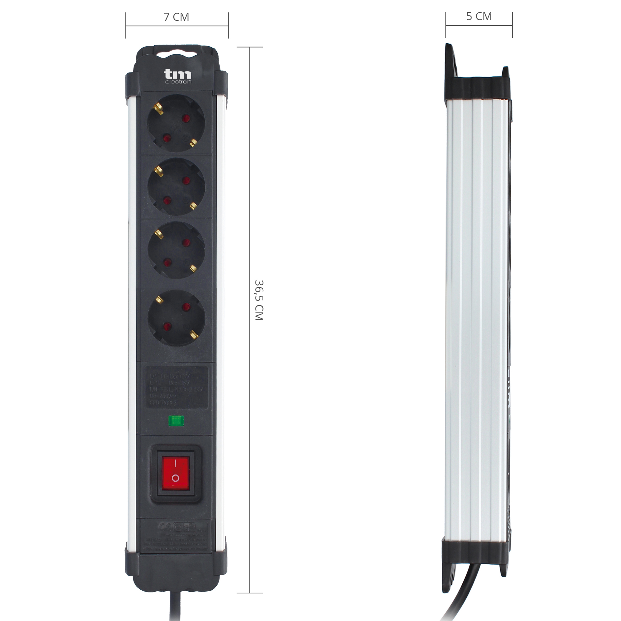 Regleta con 5 enchufes y un interruptor de encendido/apagado. Está etiquetada con dimensiones en cm.