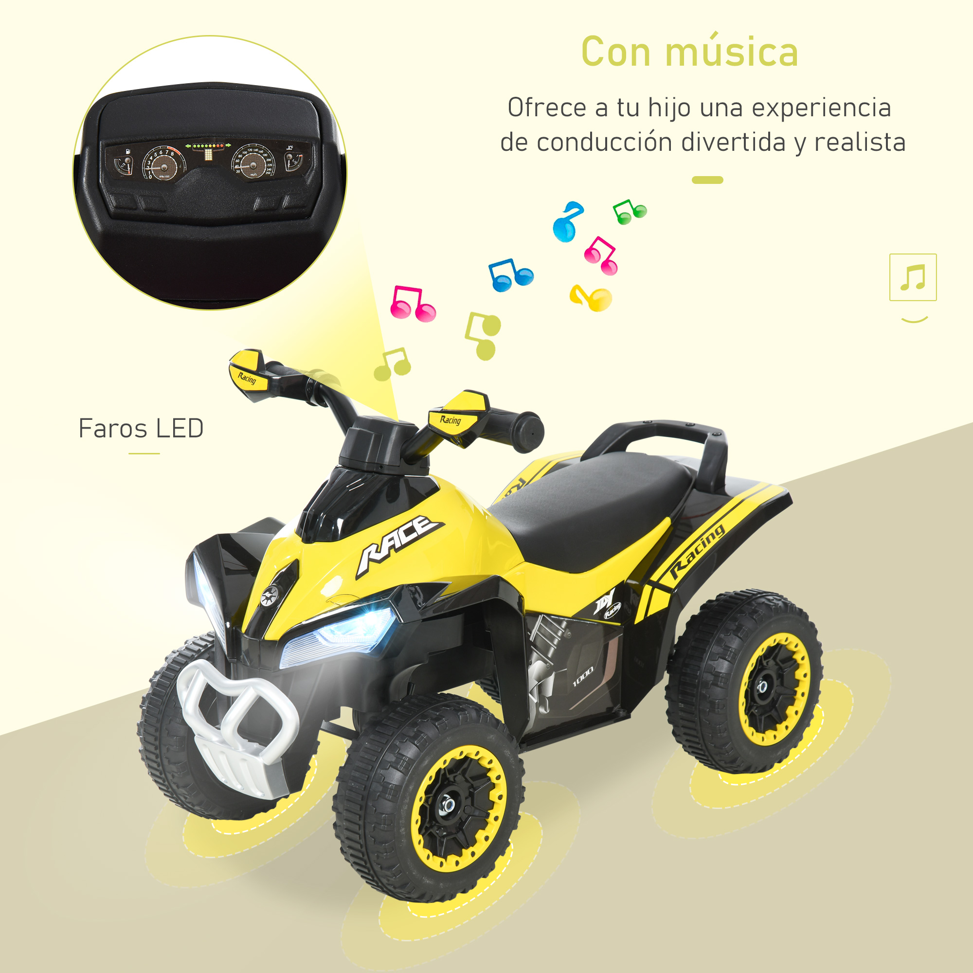 Un quad de juguete amarillo con detalles en negro y faros LED sobre un fondo beige.