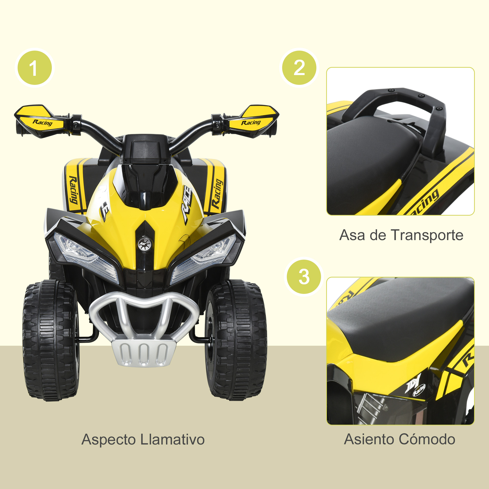 Juguete ATV amarillo y negro. El juguete ATV tiene un manillar y un asiento. El fondo es verde claro.