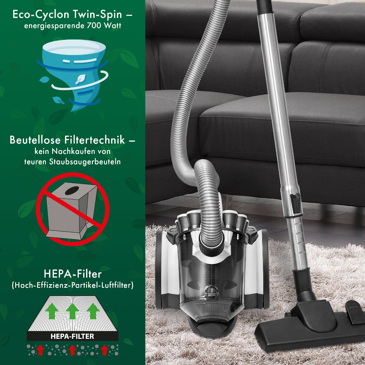 Odkurzacz z tekstem opisującym filtr HEPA i technologię eco-cyclon. Czarne tło z sofą.