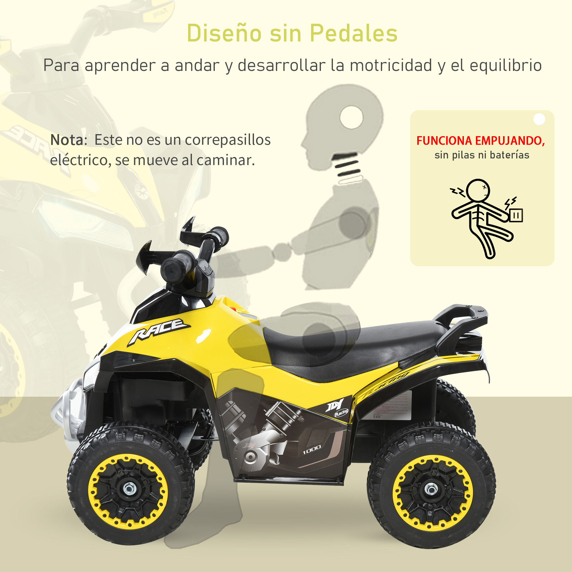 ATV de juguete amarillo con ruedas negras. Dice, empujar para mover, sin baterías y diseño sin pedales.