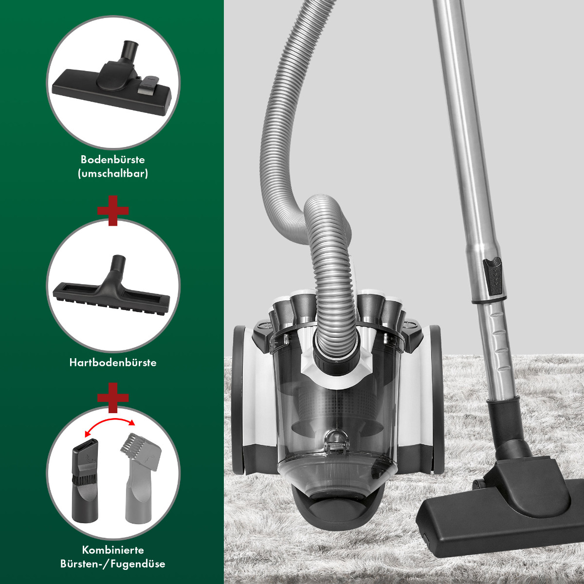 Odkurzacz i akcesoria, w tym szczotka do podłóg, szczotka do podłóg twardych i szczotka kombinowana.