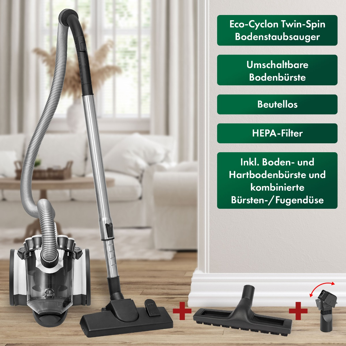 Odkurzacz z akcesoriami. Srebrny i czarny z tekstem i dodatkowymi akcesoriami.