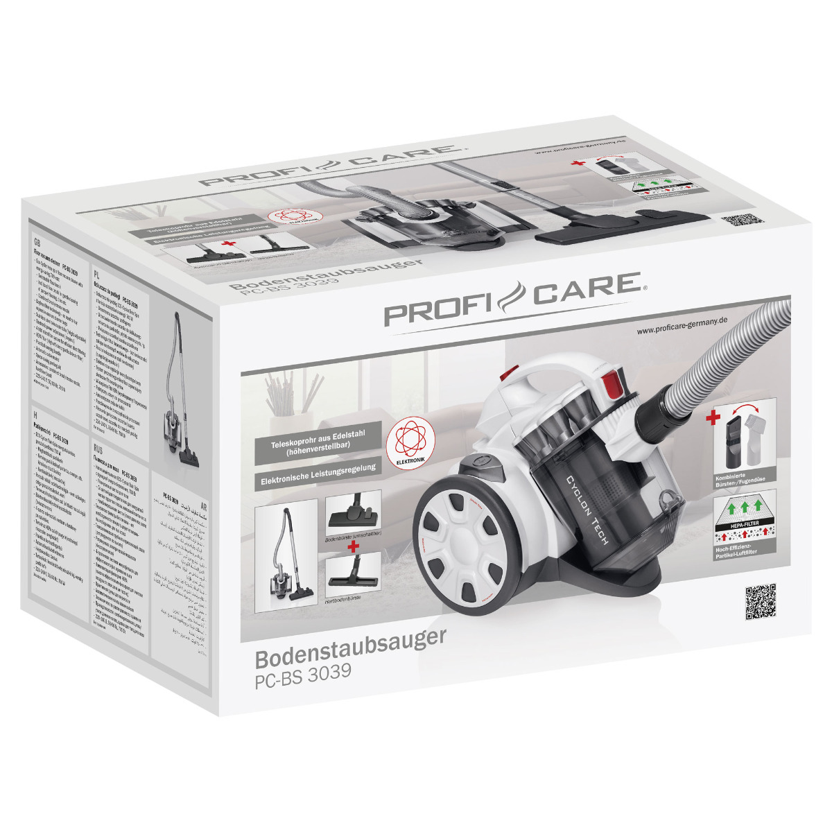 Biały i czarny odkurzacz w pudełku, z dodatkowymi akcesoriami do odkurzania.