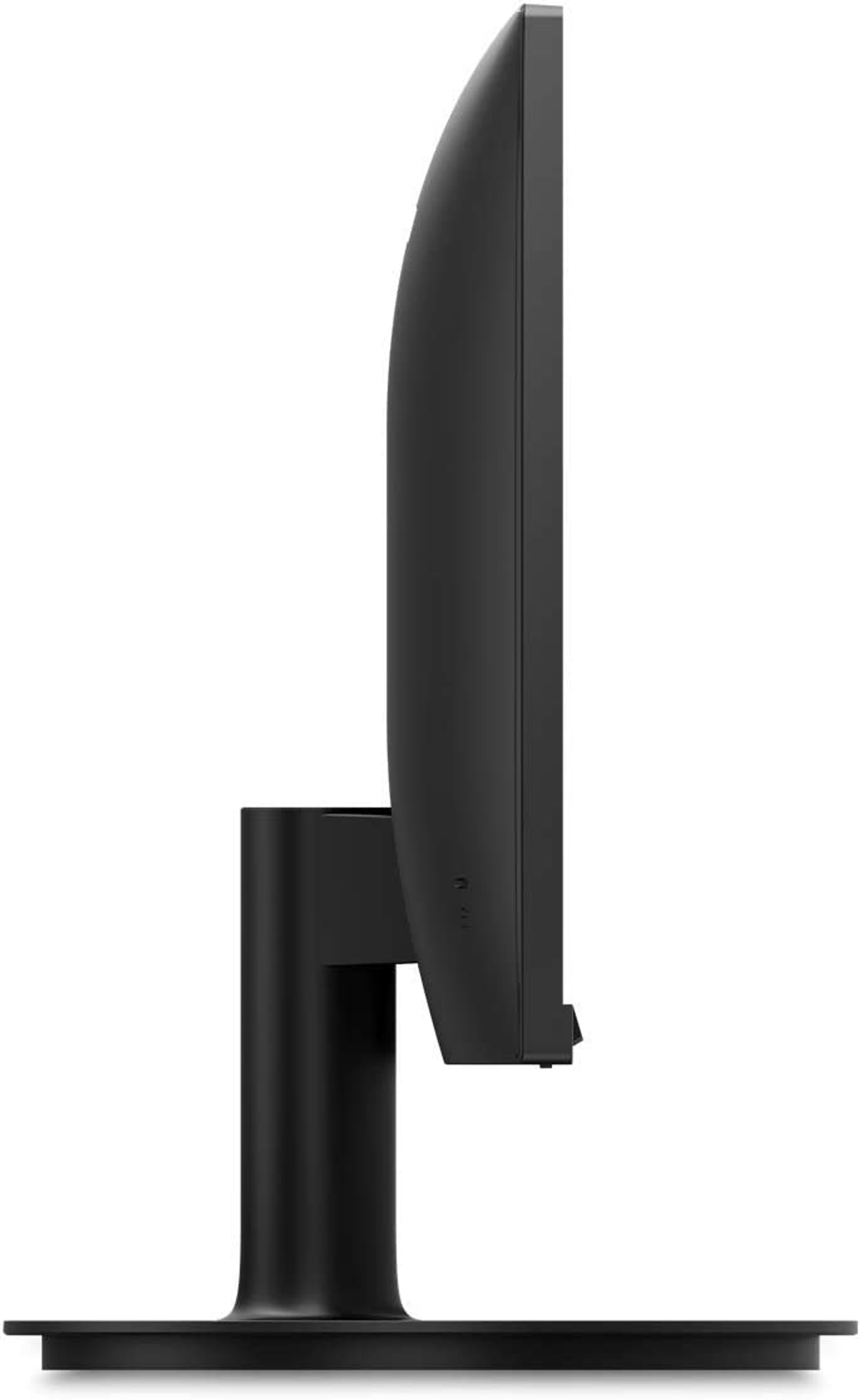 Czarny monitor komputera z profilu. Podstawa i ramię są czarne.