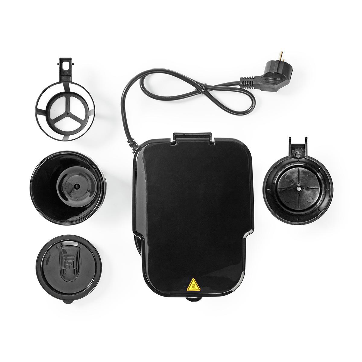 Czarny ekspres do kawy z częściami. Obejmuje uchwyty filtrów, pokrywę i przewód zasilający.