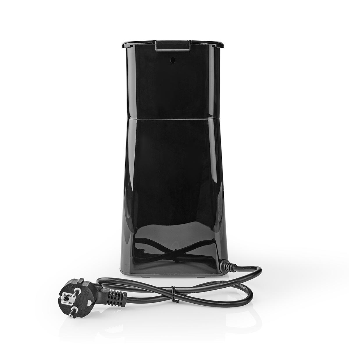 Czarny młynek do kawy z czarnym kablem zasilającym.