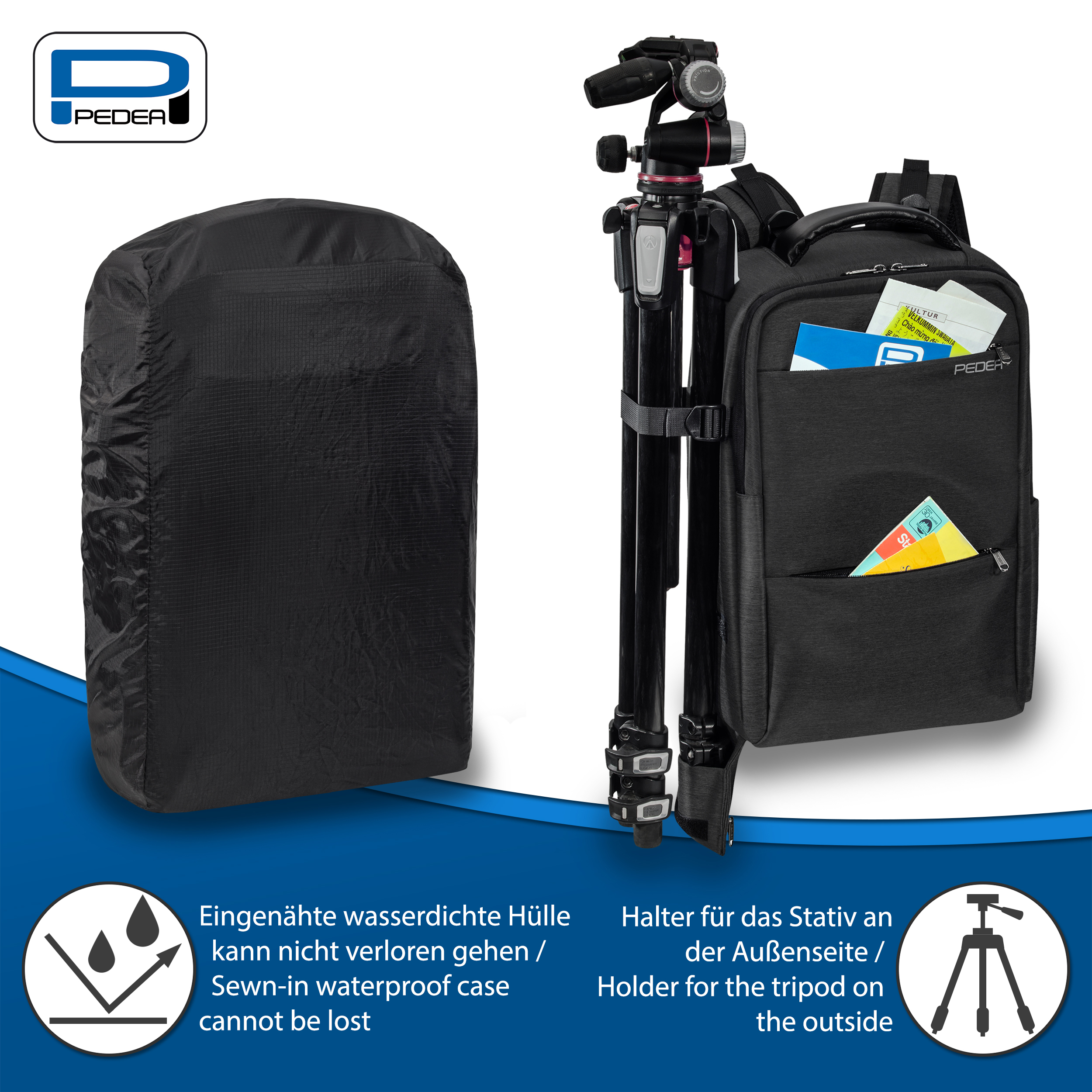 Ein schwarzer Rucksack mit befestigtem Stativ. Links ist eine schwarze Abdeckung und ein Logo sichtbar.