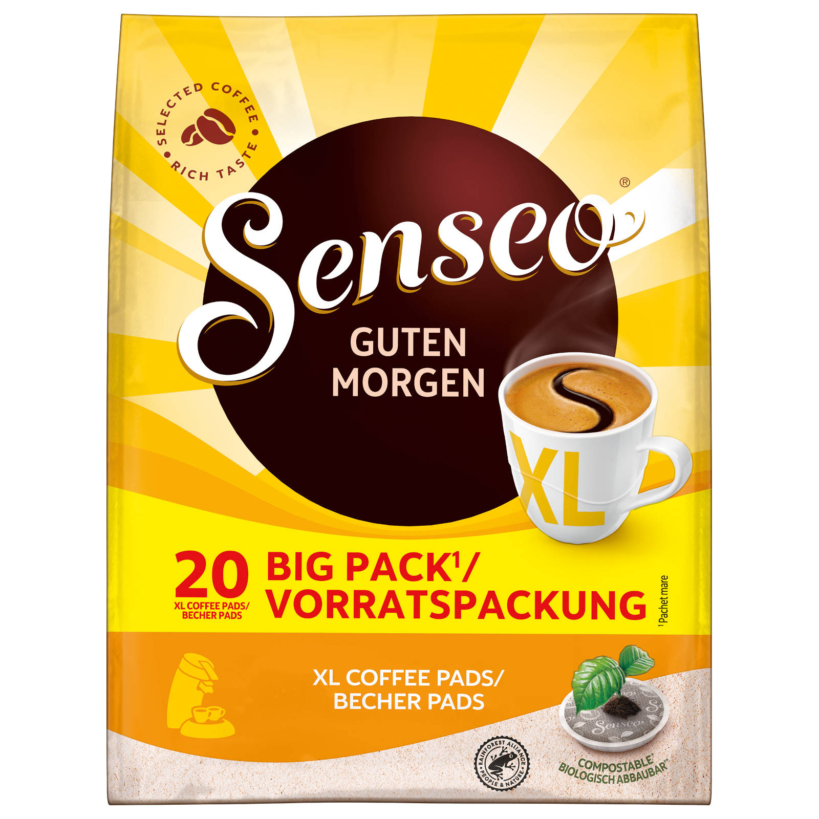 Eine Packung mit 20 Kaffeepads. Die Marke ist Senso. Es ist eine große Packung, XL-Größe.