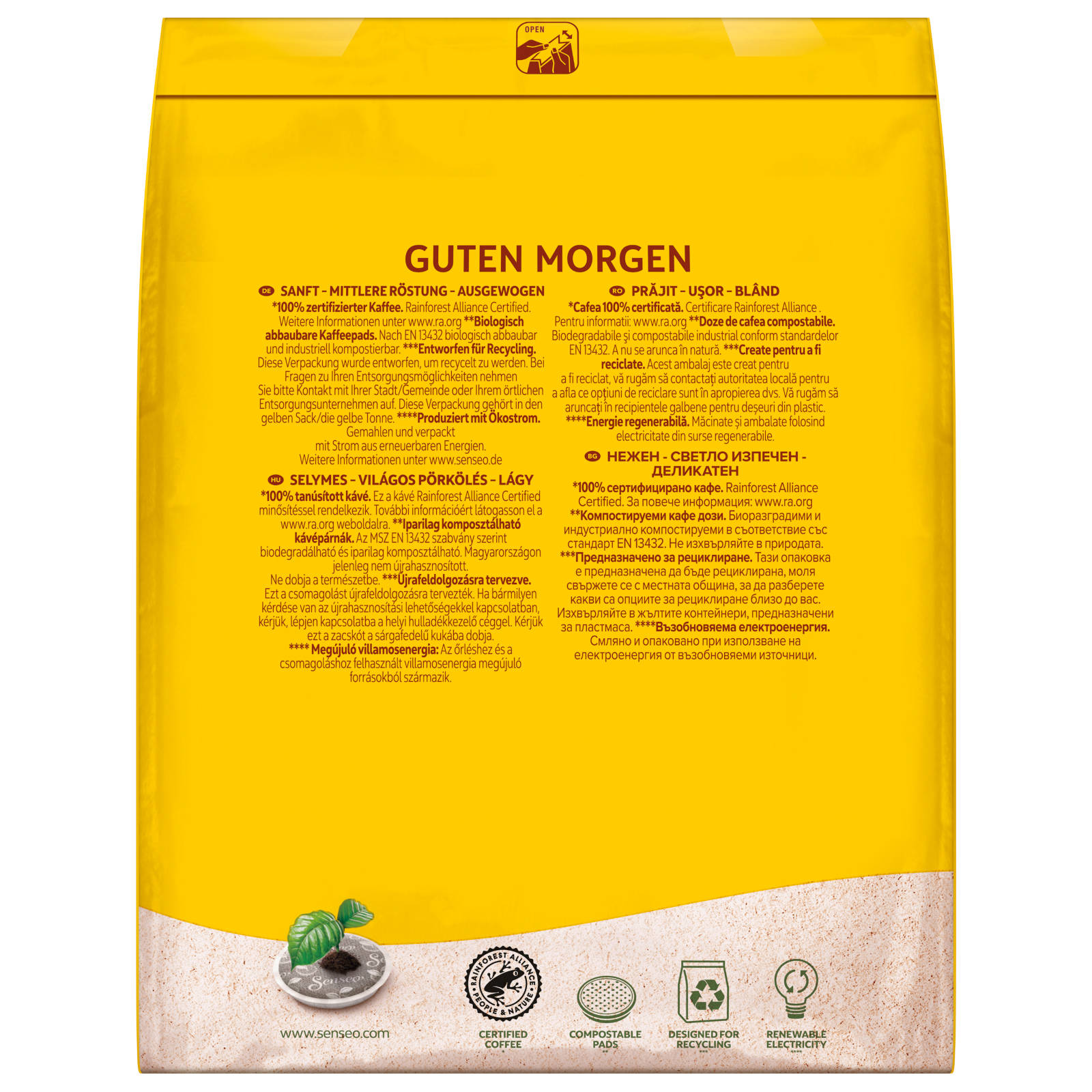 Beutel mit Kaffeebohnen, mit Text in mehreren Sprachen und einem kleinen Pflanzen-Symbol.