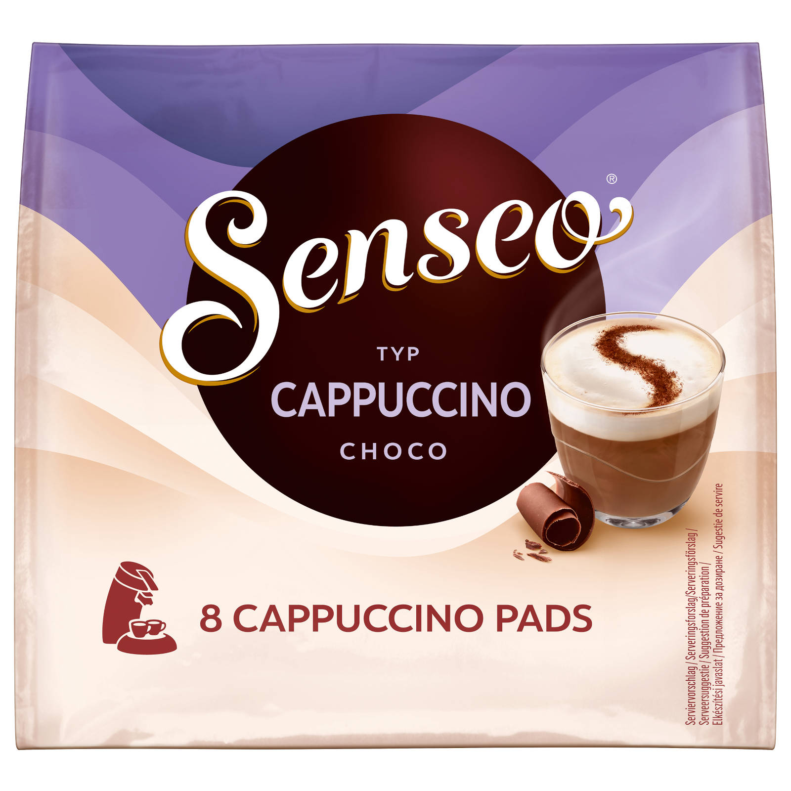 Senseo Cappuccino Choco Pads Pack mit einer Tasse Cappuccino rechts. Dunkle Schokoladenlocken.
