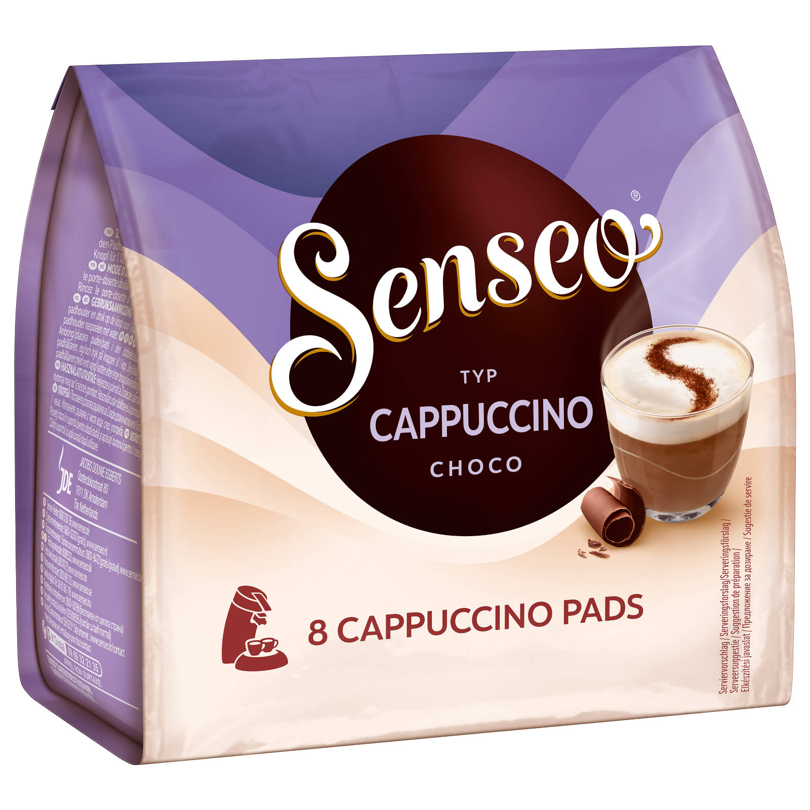 Senseo Cappuccino Choco-Paket. Eine Tasse Cappuccino mit Schokoladenraspeln.