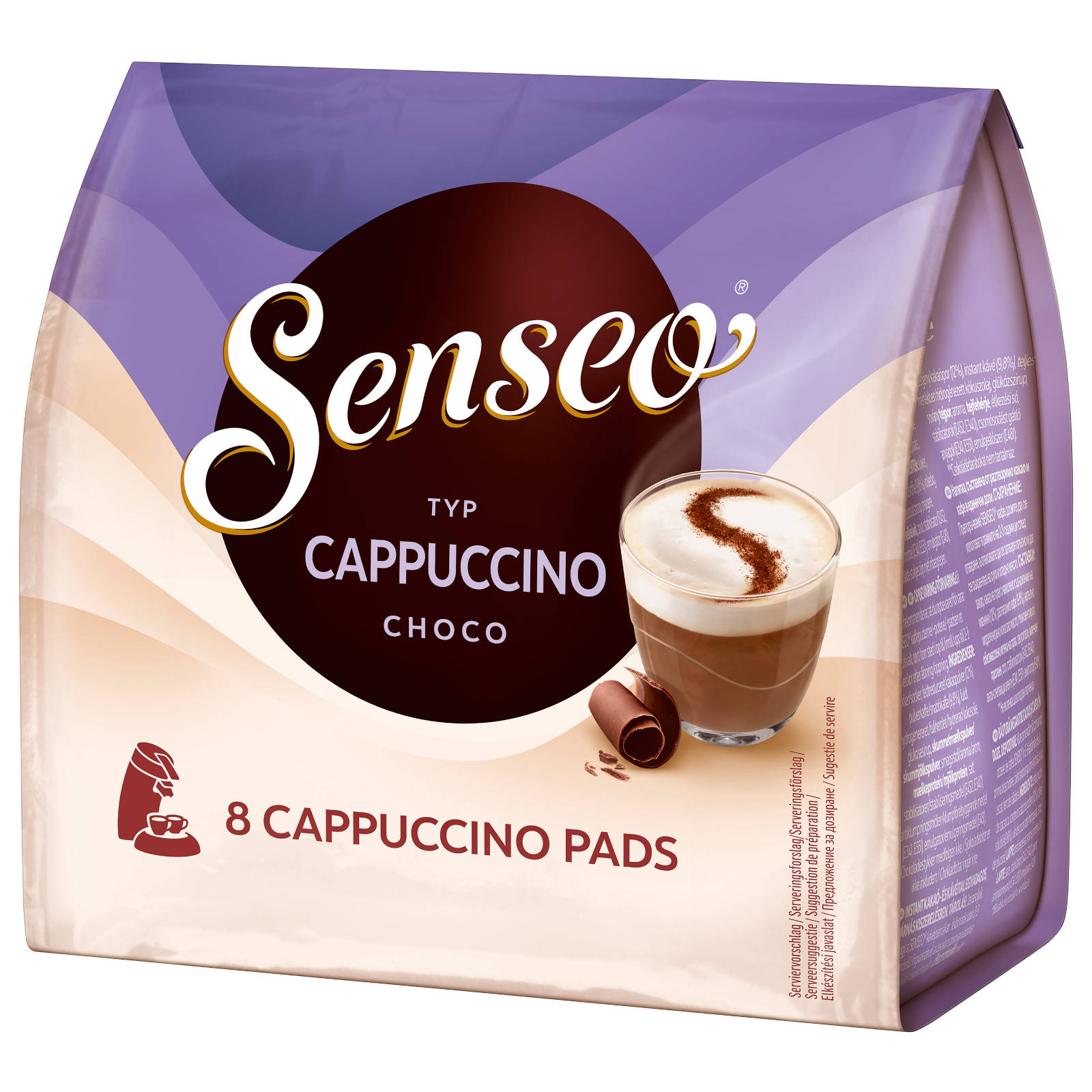 Senseo Cappuccino Choco Kaffeepads Verpackung. Eine Tasse Cappuccino ist abgebildet.