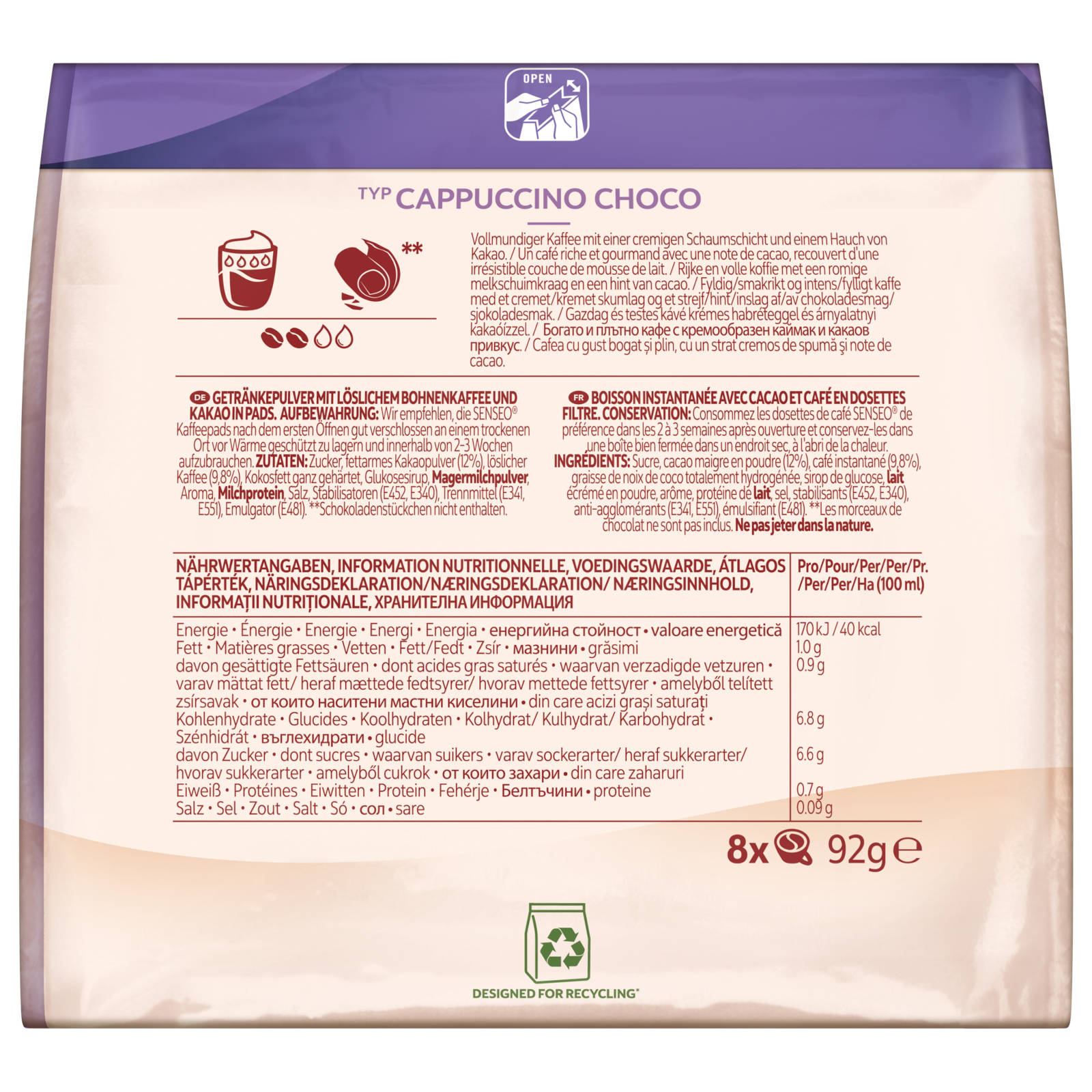 Cappuccino Choco-Packung mit Text und Nährwertangaben. Für Recycling entworfen.