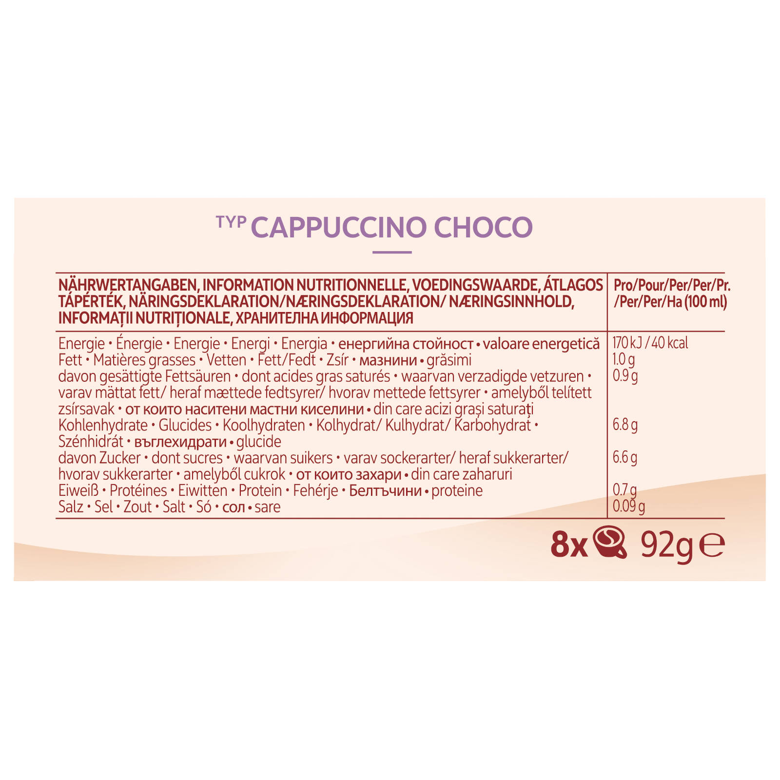 Nährwertangaben für Cappuccino Choco, mit Werten für Energie, Fette, Kohlenhydrate und mehr, in mehreren Sprachen.