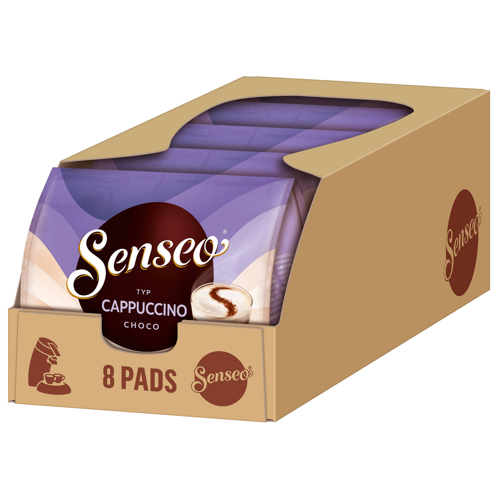 Senseo Cappuccino Choco Pads in einer Box. Die Box ist braun und weiß.
