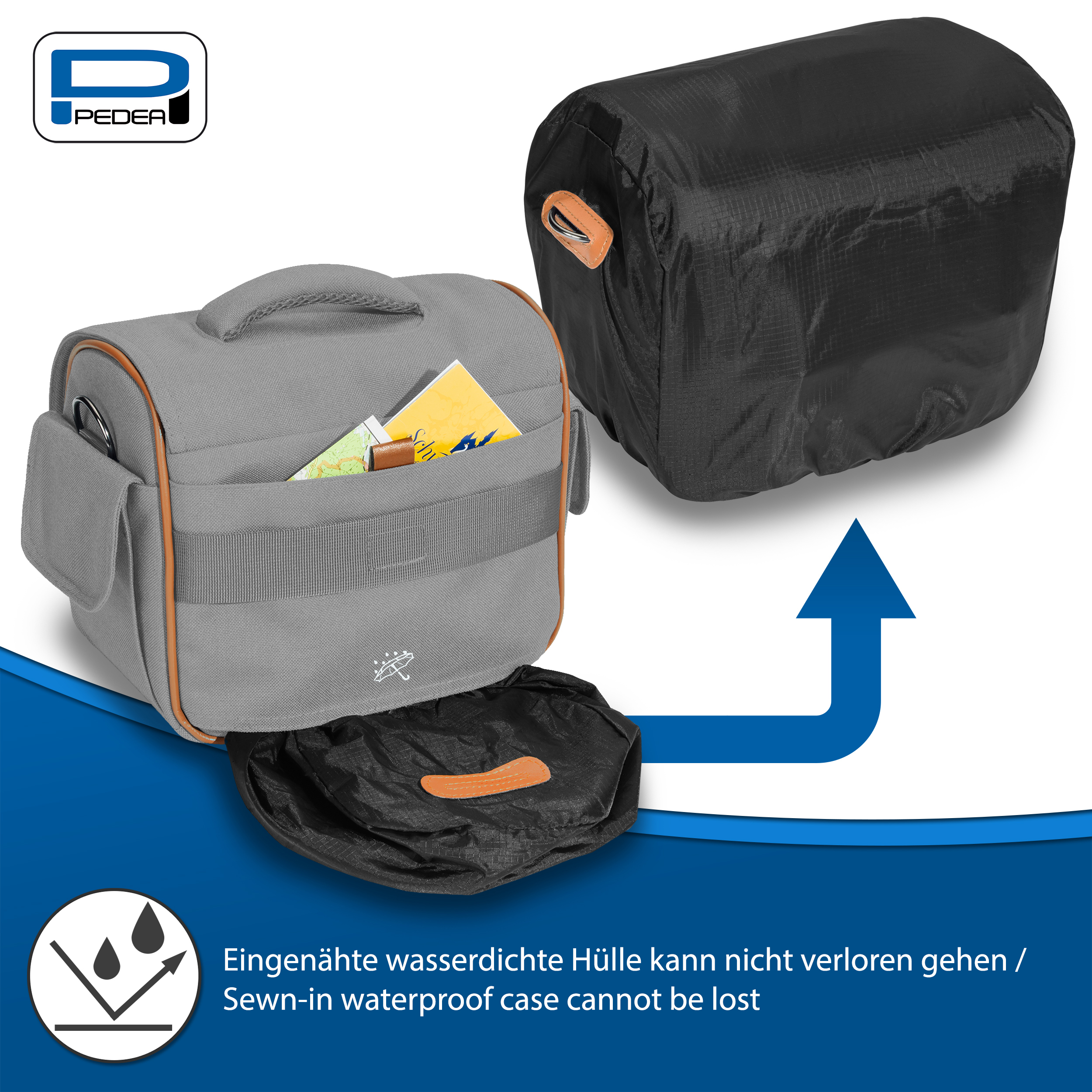 Eine graue Kameratasche mit schwarzem wasserdichtem Gehäuse und blauem Pfeil. Die Tasche hat einen Griff und eine offene Tasche.