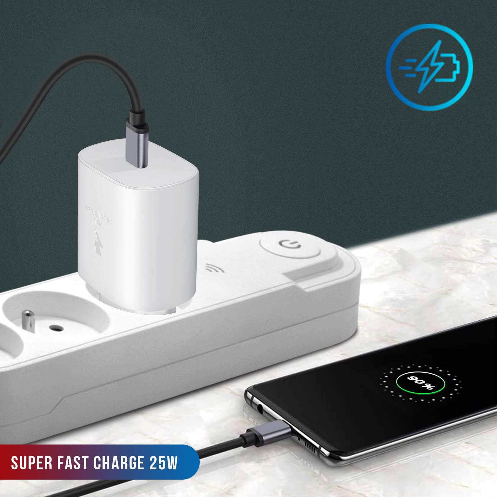 Téléphone en charge avec un adaptateur secteur blanc, câble connecté, icône de charge.