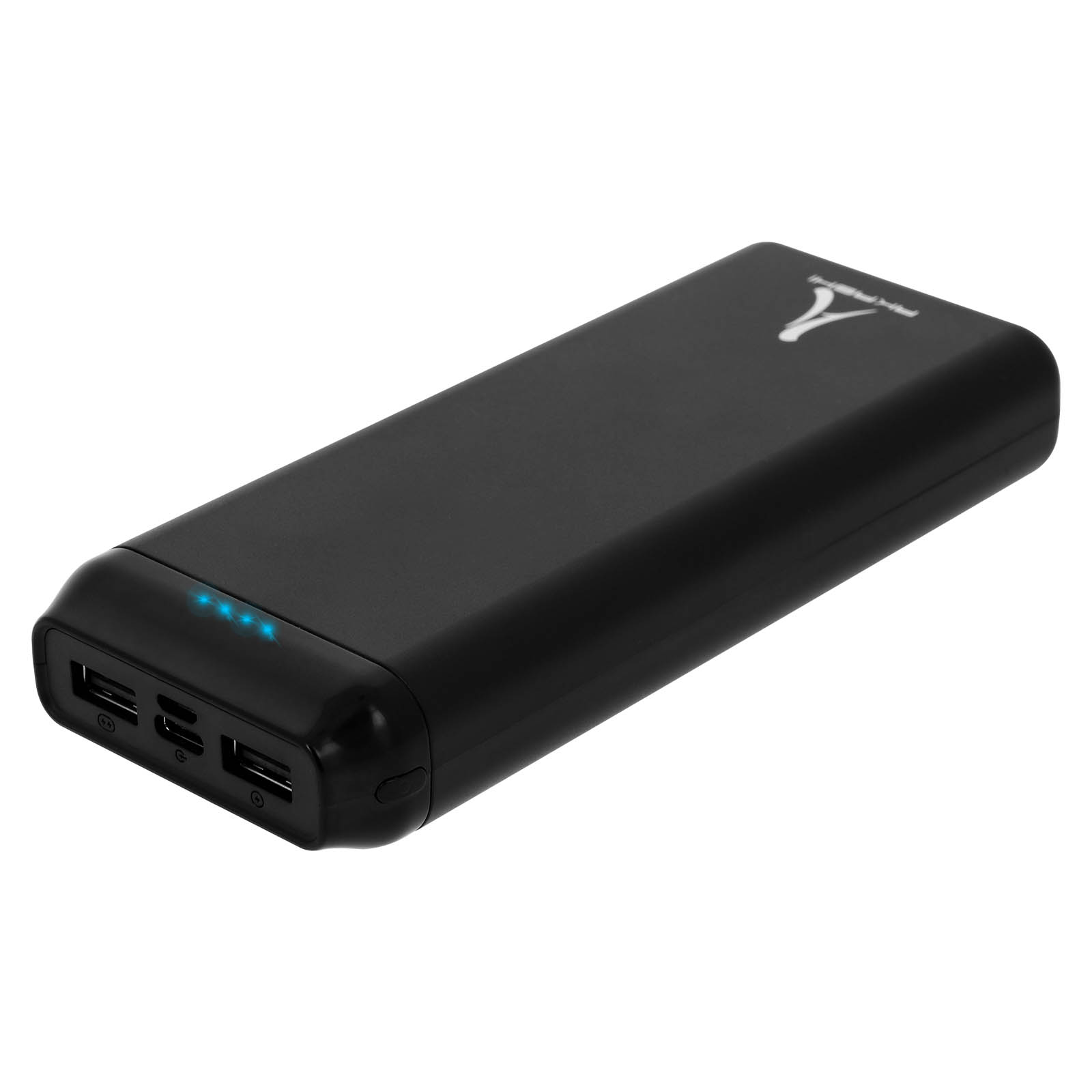 Schwarze Powerbank mit USB-Anschlüssen und einer Power-Taste.