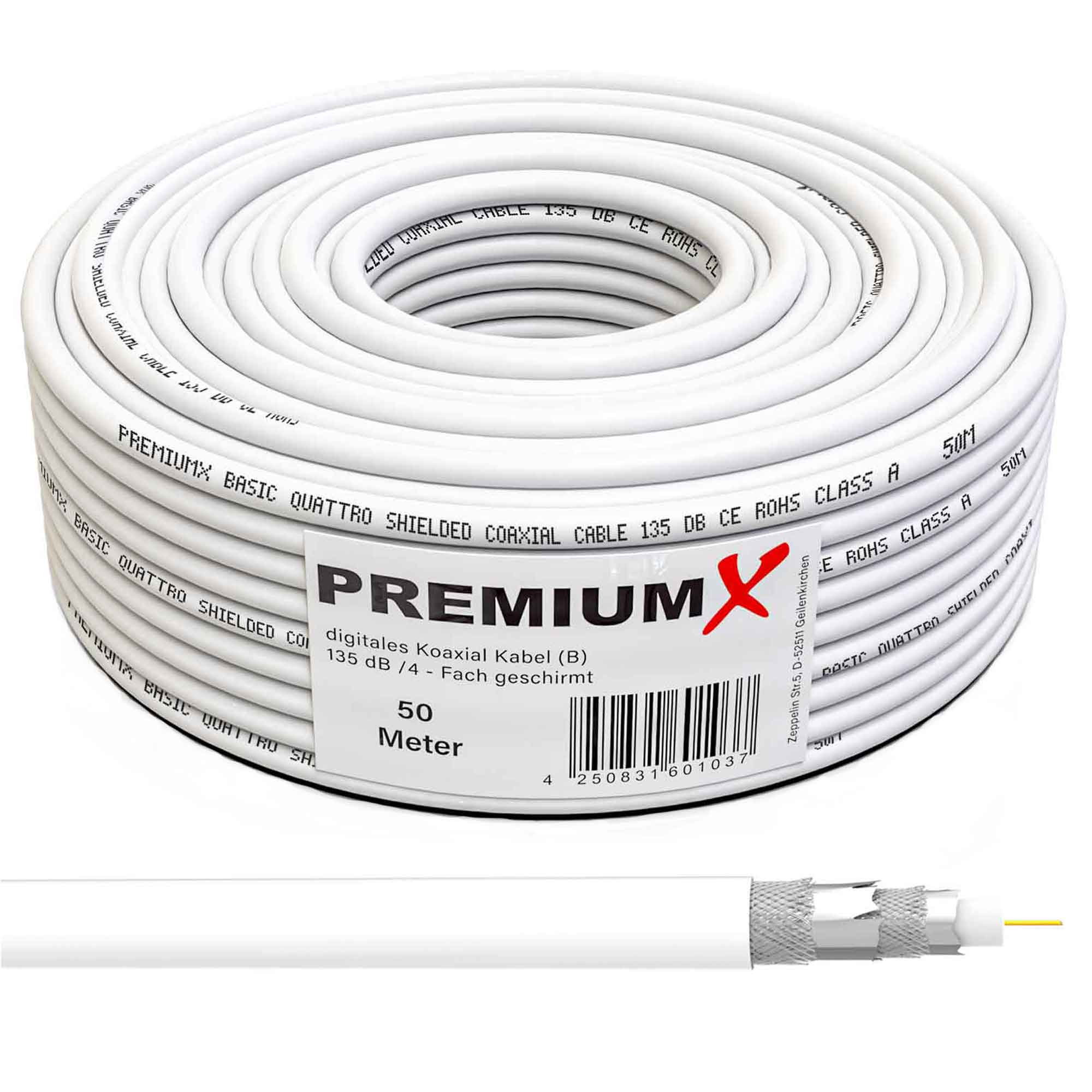 Weißes Koaxialkabel aufgerollt. Auf dem Etikett steht 'PREMIUMx BASIC QUATTRO SHIELDED COAXIAL CABLE'.