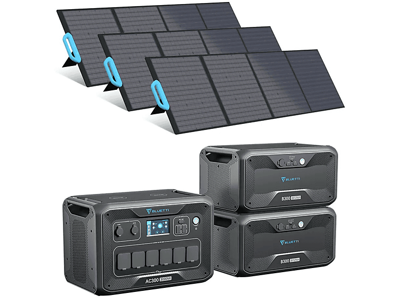 BLUETTI Solarpanel Schwarz Powerstation Wh AC300+3xPV200 Portable LiFePO4 Stromerzeuger 2xB300 6144 mit Erweiterungsbatterien