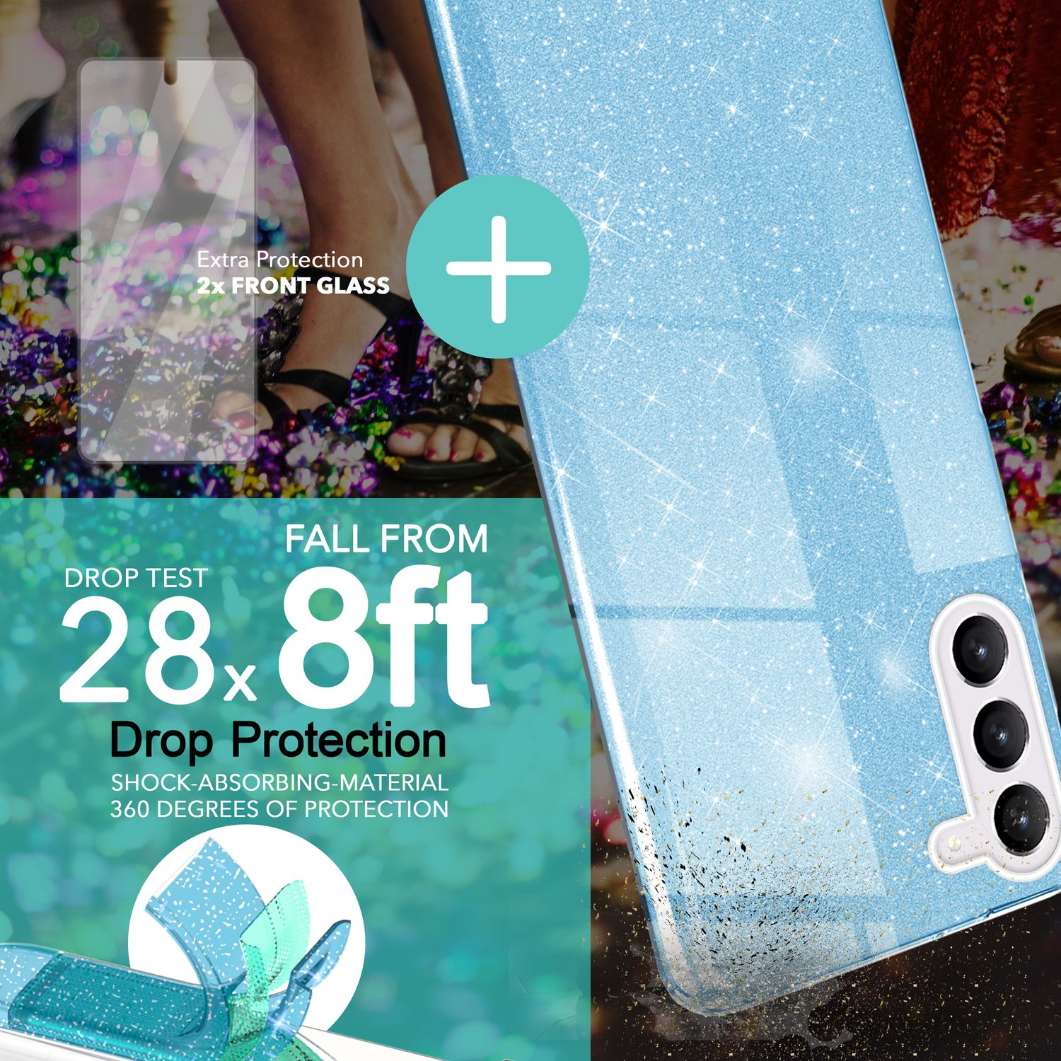 Ein Telefon mit glitzernder blauer Hülle. Grafiken zeigen Falltest-Schutz. Zusätzlicher Schutz mit Frontglas.