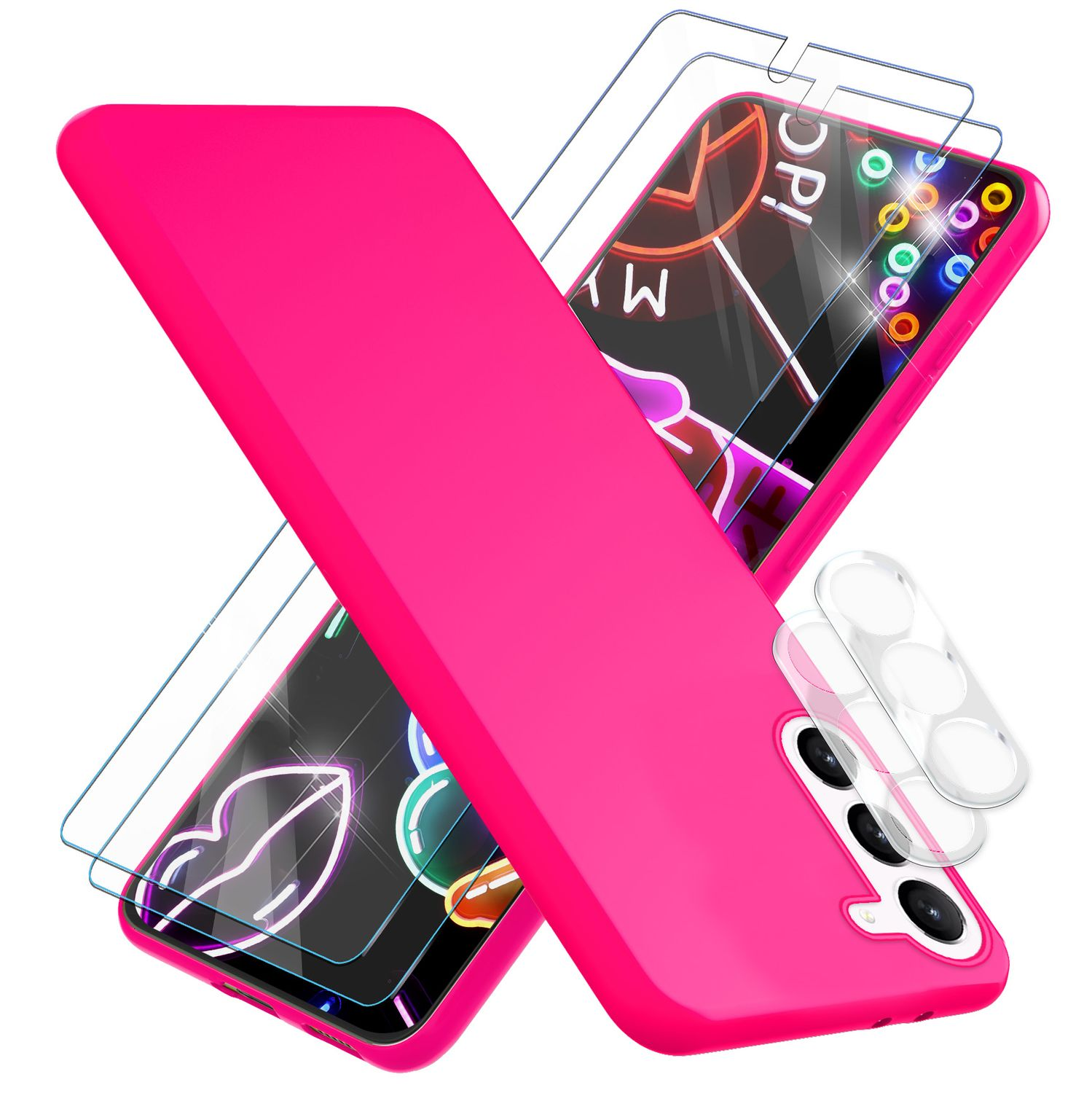 Silikon Samsung, mit Kameraschutz, Pink Galaxy Display- 2x Backcover, Neon Hülle & S23, NALIA