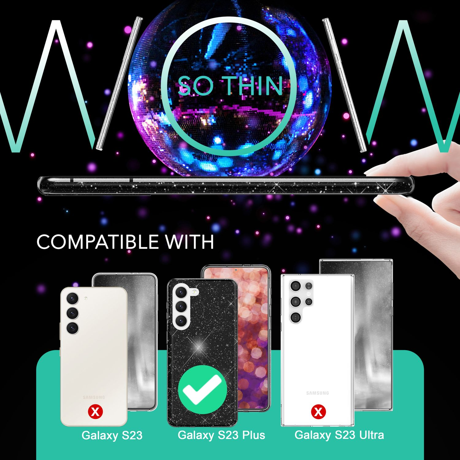 Grafik zur Kompatibilität von Handyhüllen für Galaxy S23, S23 Plus, S23 Ultra. Grünes Häkchen.