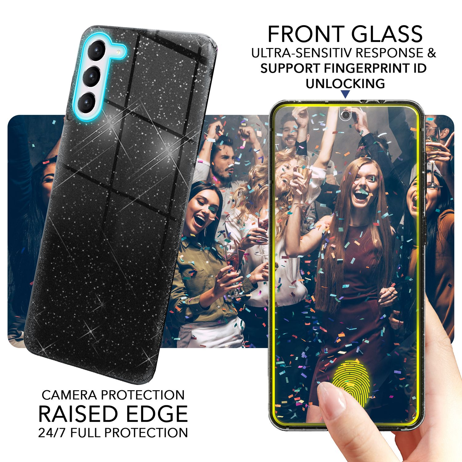 Handyhülle mit glitzerndem Design und Bildern von Menschen auf einer Party mit einem Fingerabdruck.