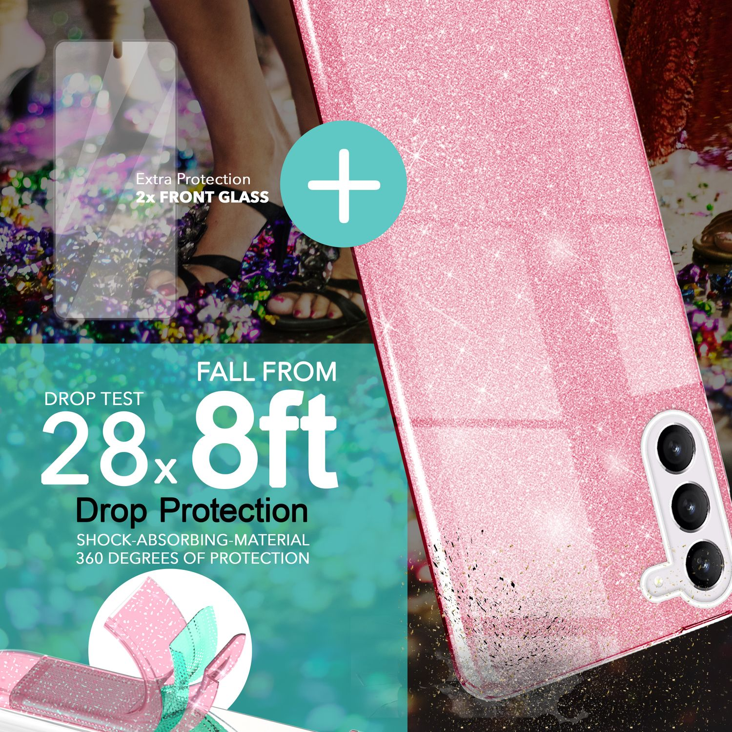 NALIA Glitzer Silikon Galaxy Displayschutz, S23 Plus, Hülle mit 2x Backcover, Samsung, Pink