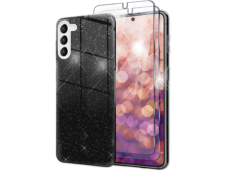 Samsung, S23, NALIA Galaxy Schwarz Backcover, 2x Glitzer mit Displayschutz, Silikon Hülle