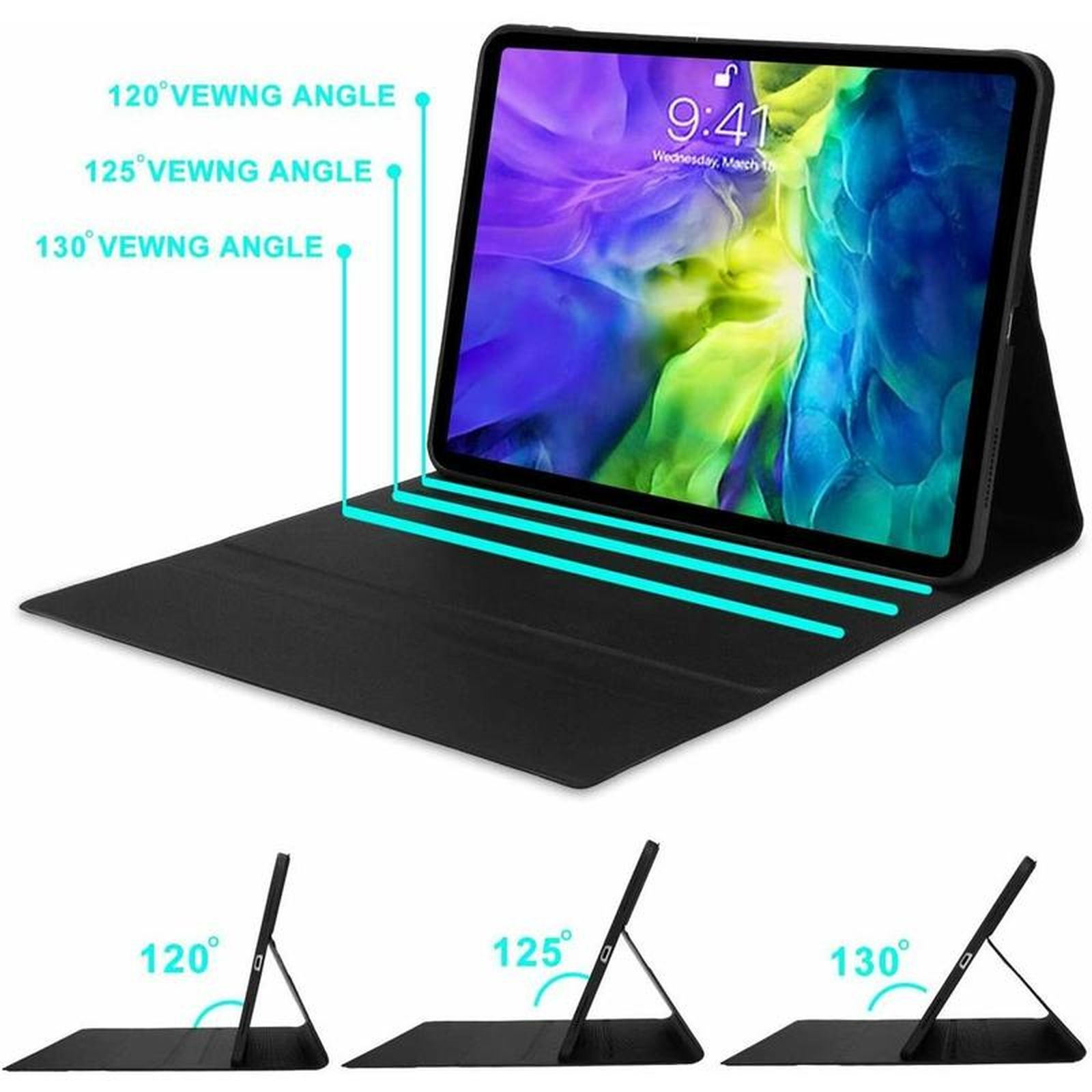 Ein Tablet in einem schwarzen Gehäuse wird in verschiedenen Winkeln gezeigt, mit den beschrifteten Blickwinkeln.