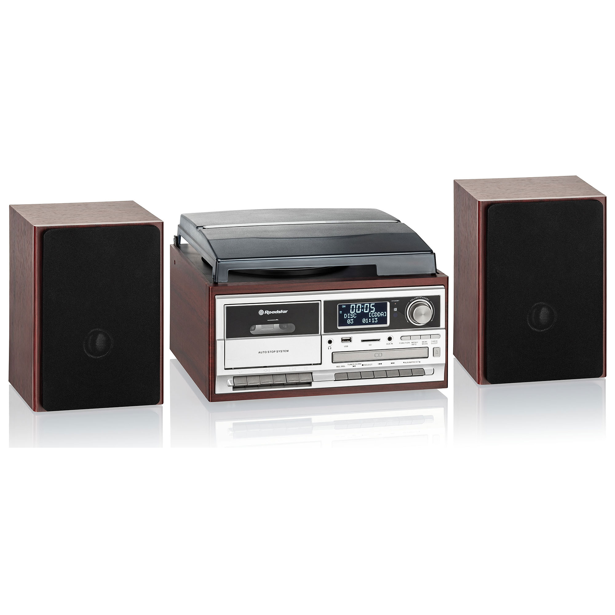 Sistema estéreo con altavoces, un tocadiscos y un reproductor de CD.