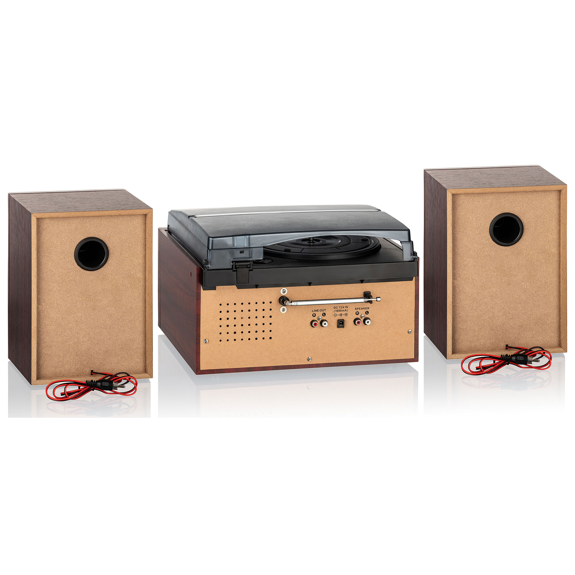 Un tocadiscos antiguo con altavoces a cada lado. Los altavoces son marrones.
