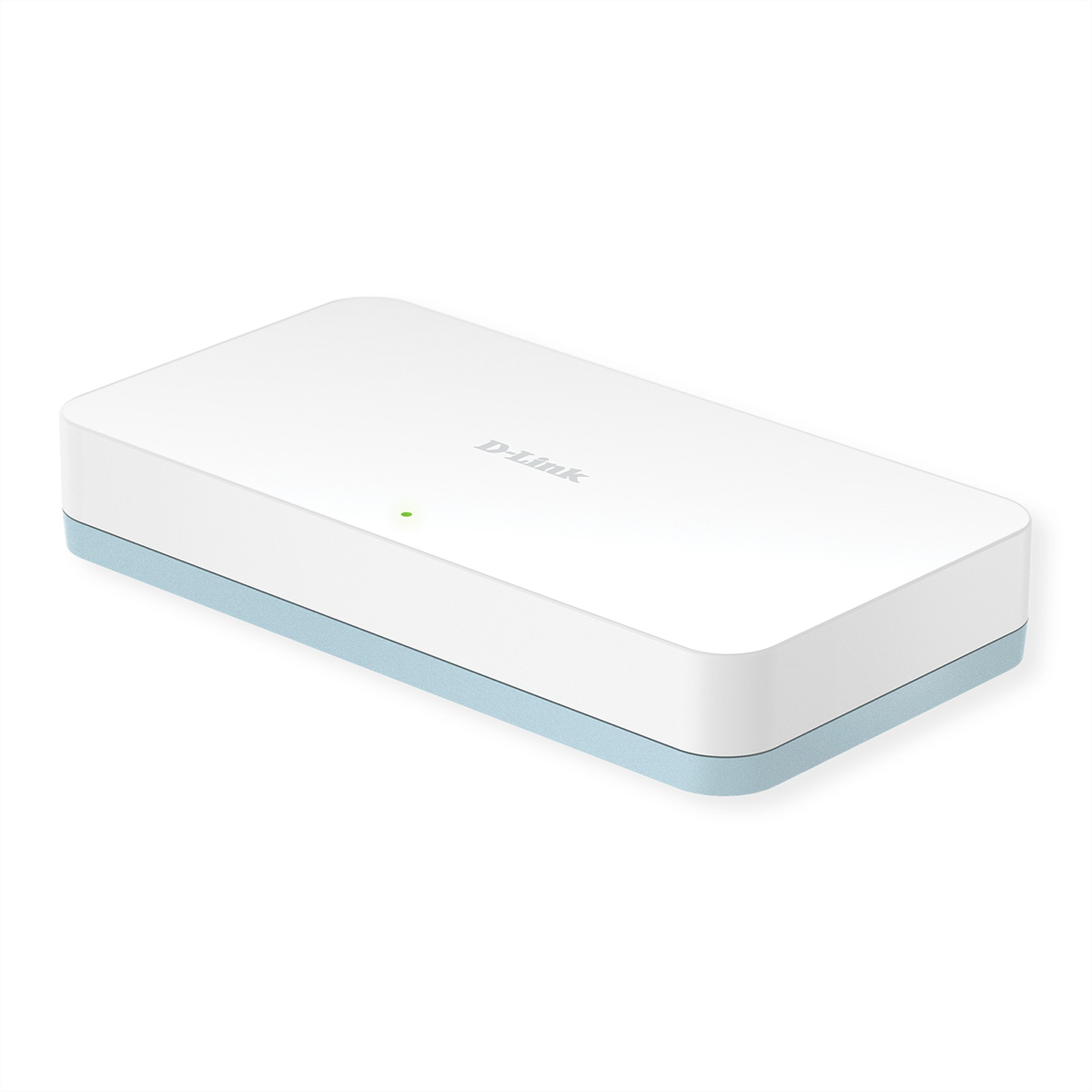 Weißes D-Link Gerät mit blauem Sockel. Grünes Licht oben.