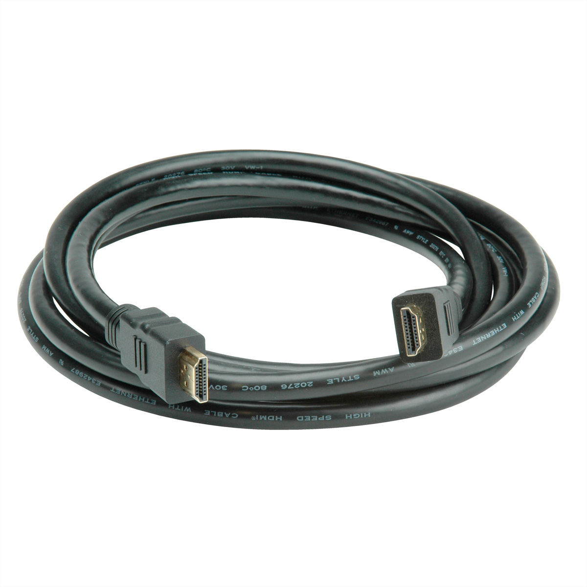 Schwarzes HDMI-Kabel mit Anschlüssen an beiden Enden. Das Kabel ist aufgerollt.