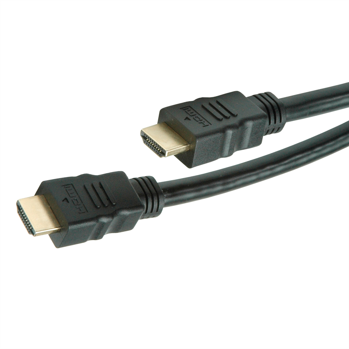 Zwei schwarze HDMI-Kabel mit goldenen Anschlüssen vor weißem Hintergrund werden gezeigt.