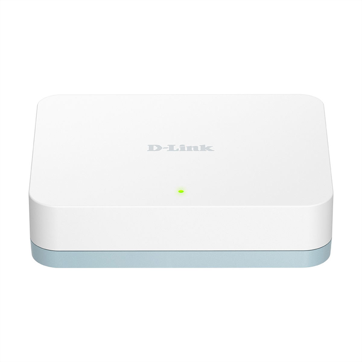 Witte en lichtblauwe D-Link router, bovenaanzicht, eenvoudig en modern ontwerp.