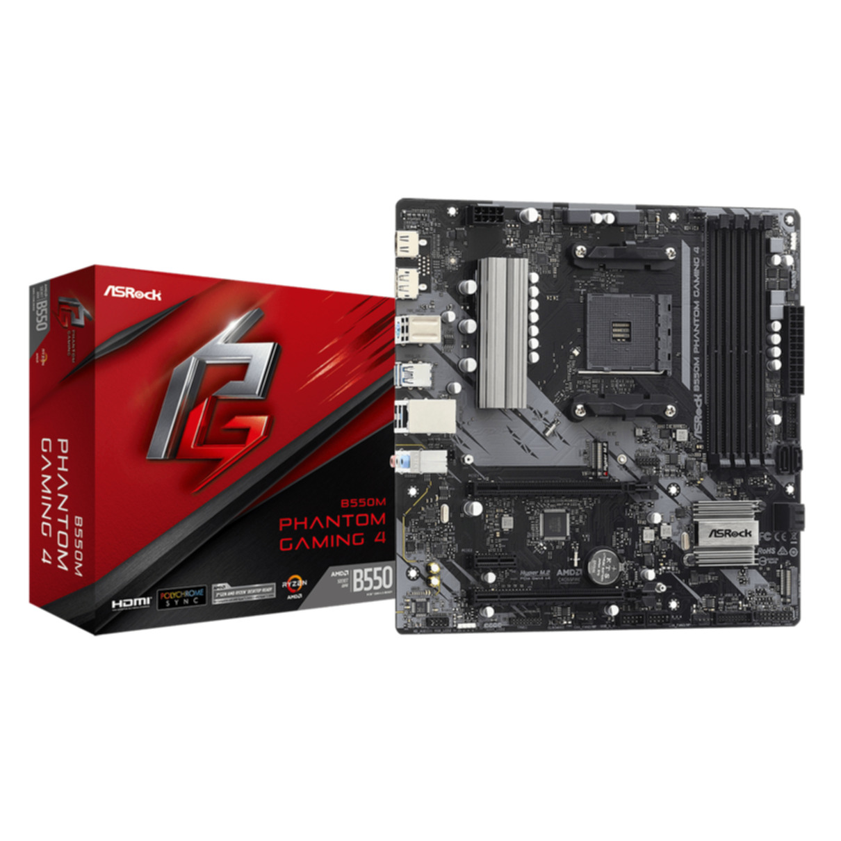 Podzespoły komputera. Płyta główna i pudełko z napisem ASRock Phantom Gaming 4 B550M.