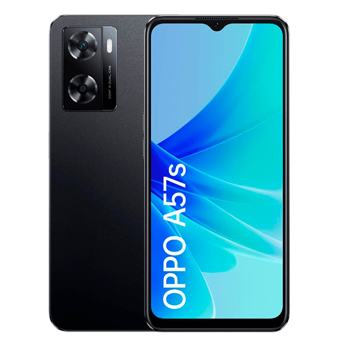 Teléfono negro Oppo A57s con doble cámara. Pantalla muestra 'OPPO A57s'. Parte trasera negra.