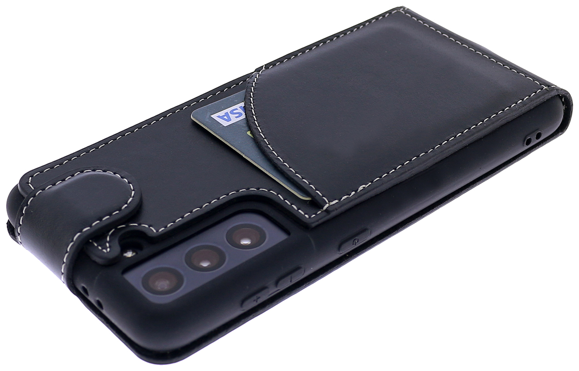 BURKLEY Flip-Case Handytasche aus Leder, Cover, Schwarz S21, Galaxy Samsung, Flip