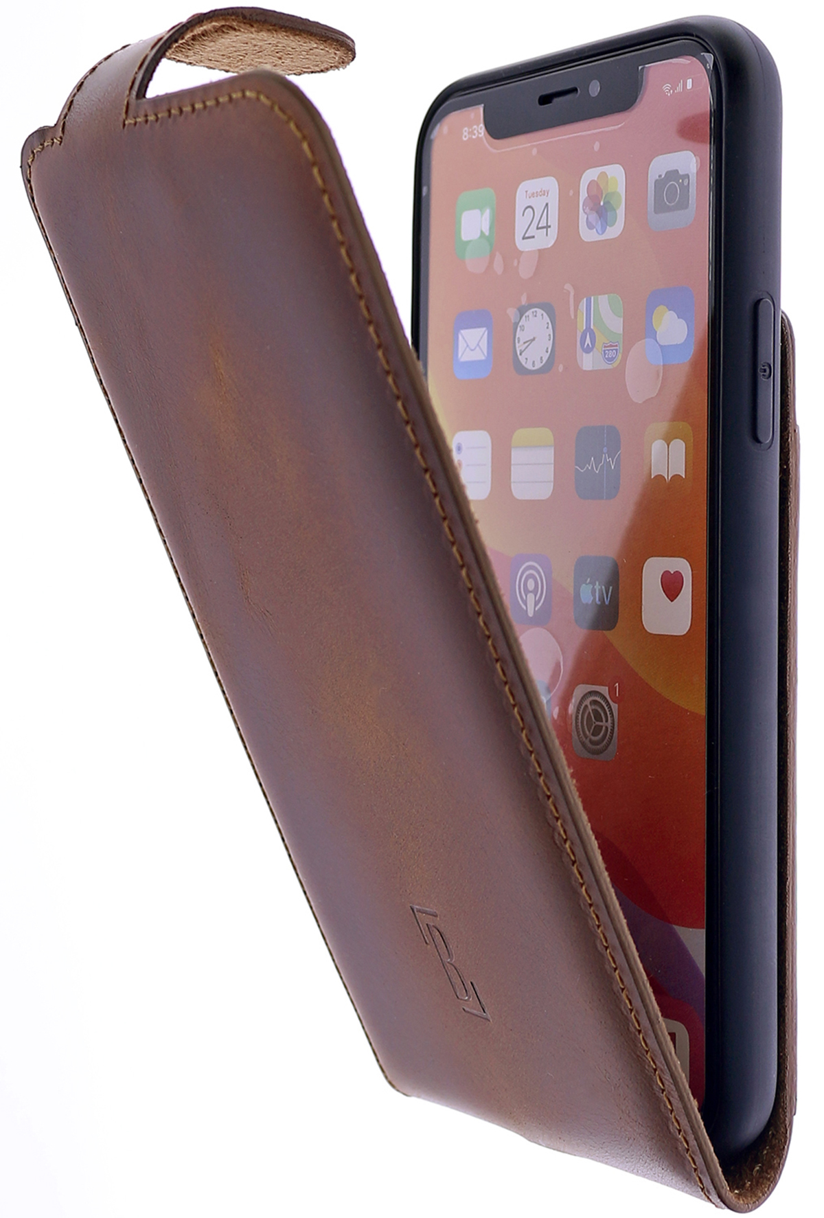 BURKLEY Flip-Case Handytasche aus Pro IPhone Leder, Flip 13 Apple, Cover, Max, Sattelbraun