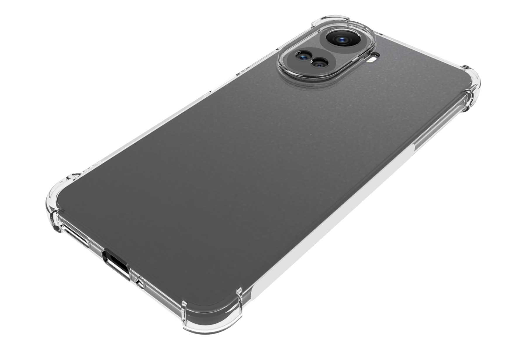 Eine transparente Handyhülle auf einem Telefon. Die Hülle hat einen transparenten Rahmen um eine transparente Rückseite.