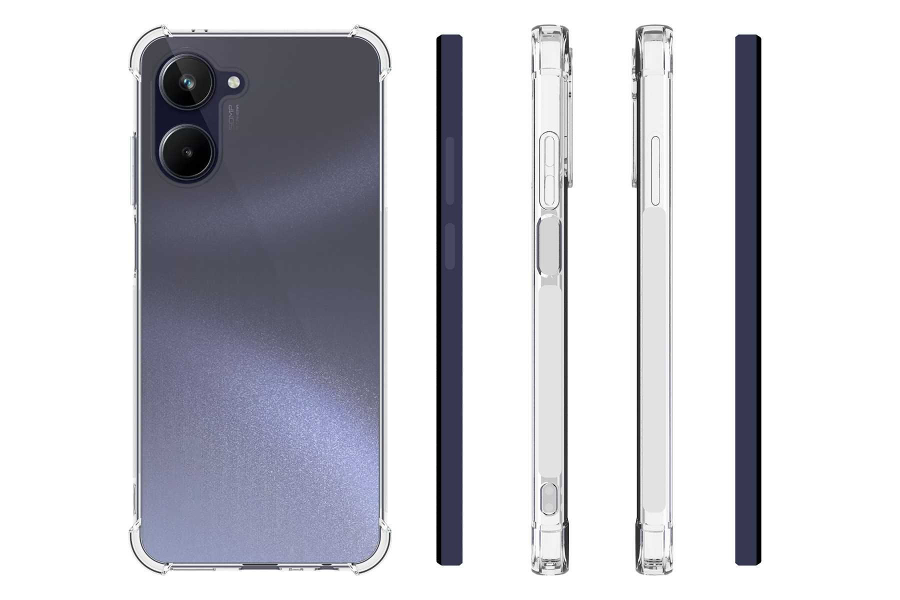 Transparente Handyhülle mit Dual-Kamera. Seitenansicht mit Knöpfen. Weißer Hintergrund.
