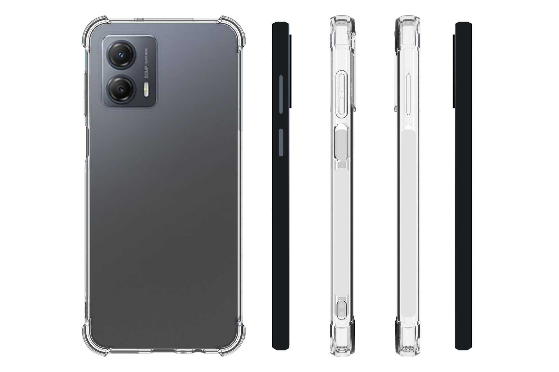 Ein Telefon mit durchsichtiger Hülle. Das Telefon wird von hinten und von der Seite gezeigt. Mehrere Ansichten.