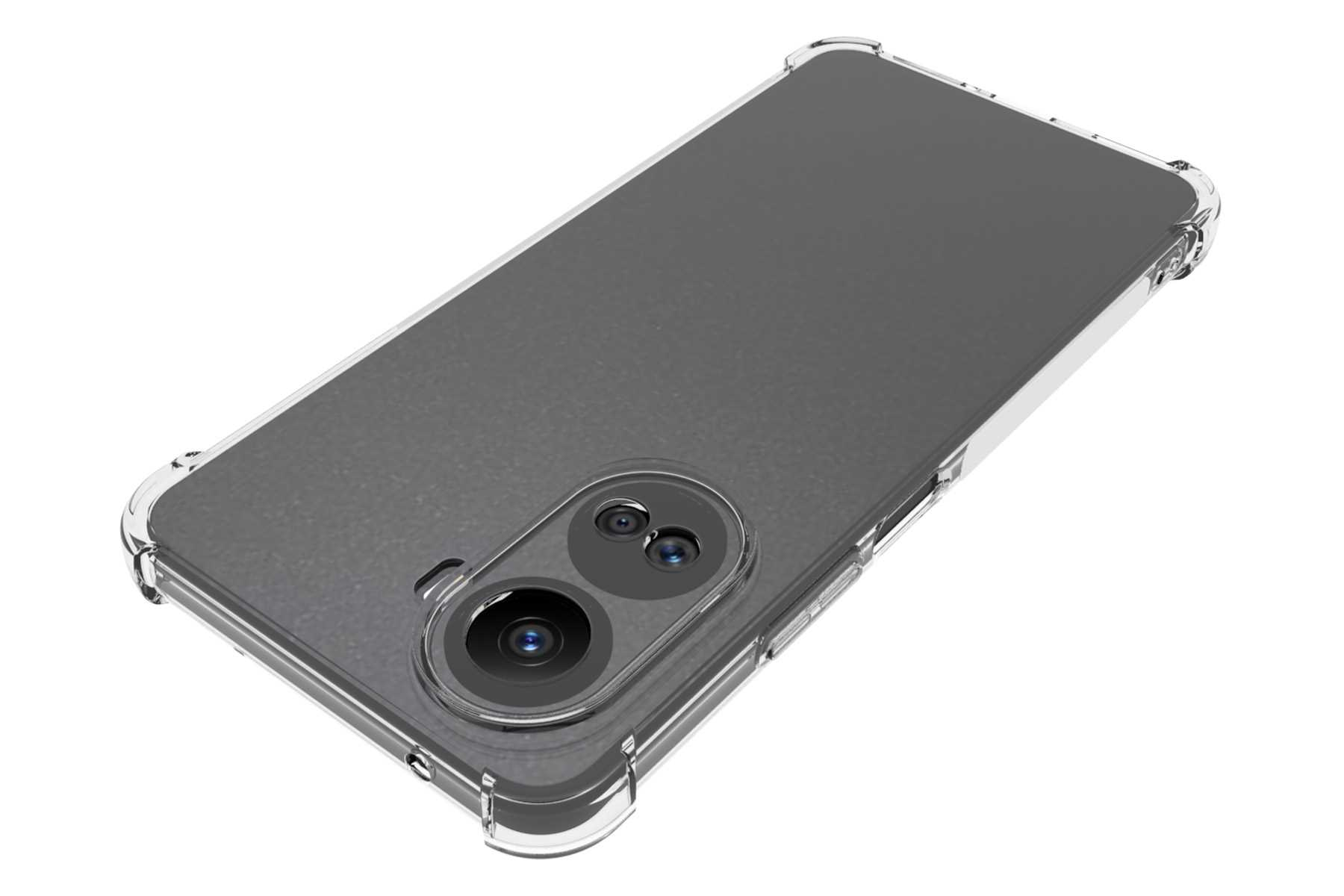 Eine transparente Handyhülle auf einem Telefon. Die Hülle ist transparent und zeigt die Rückseite und Kamera.