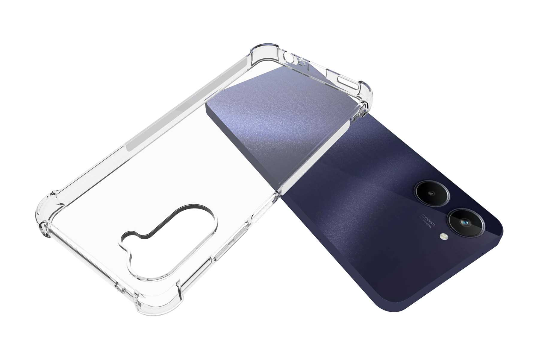 Telefon und Hülle. Telefon ist blau, Hülle ist klar. Hülle ist leicht über dem Telefon geöffnet.