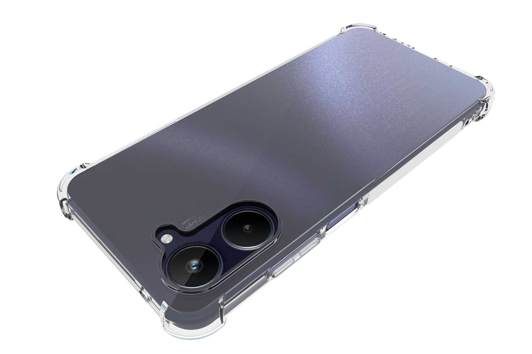 Transparente Handyhülle auf einem Telefon. Es hat eine transparente Rückseite und schützende Kanten. Kamera ist sichtbar.