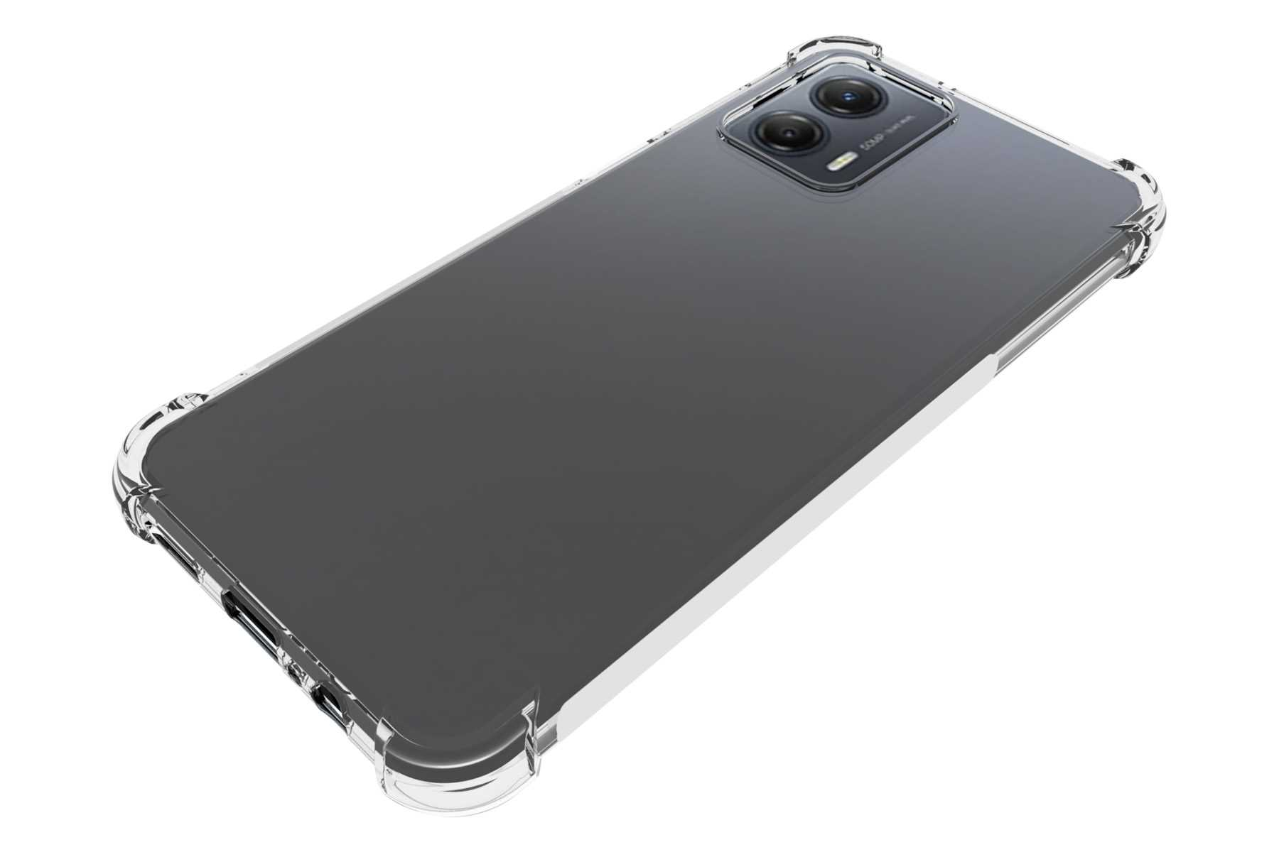 Transparente Handyhülle, die ein Telefon mit Doppelkamera zeigt. Die Hülle hat Schutzecken.